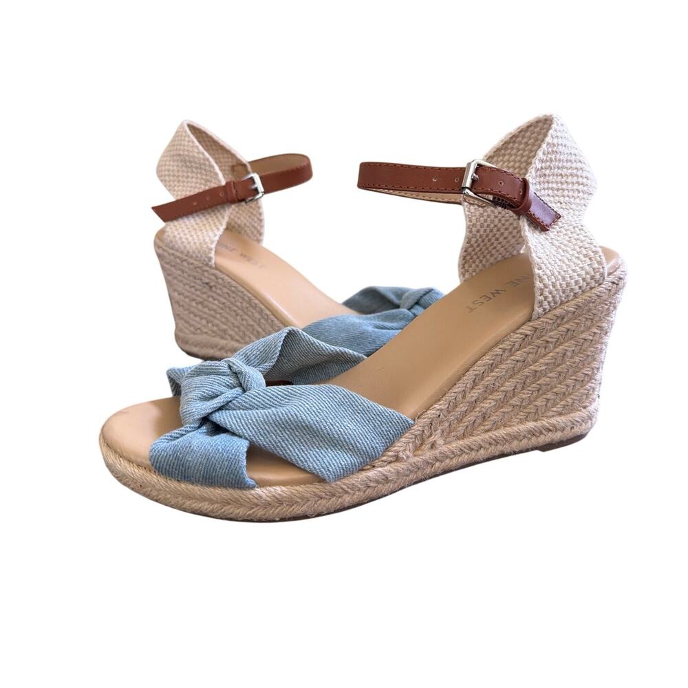 Nine West Wedge Espadrille Sandal Women's Size 8 Blue Tan Stacked Heel Coastal